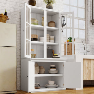 English Elm 75.25''H Retro Farmhouse Display Cabinet with Glass & Solid Doors, Adjustable Shelves, White Storage Elegance SN845P263124W