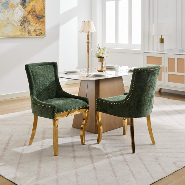 English Elm Chenille Modern Dining Chair with Curved Gold-Plated Legs, Rivet Trim, Textured Upholstery Comfort Olive Green W1143P332688