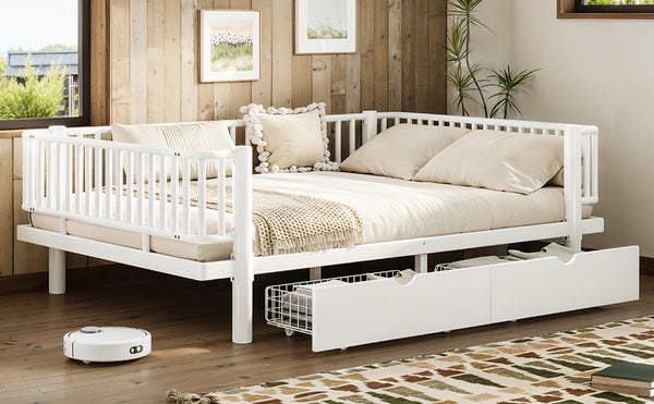 English Elm Full Size Metal Platform Storage Bed Low Profile Steel Frame with Built-in Drawers Light White W5305P471351