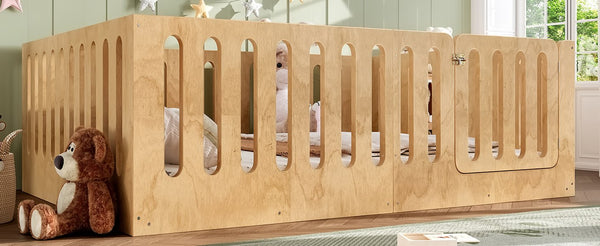 English Elm Queen Solid Pine Montessori Floor Bed for Kids with House Frame and Built-in Door Natural W5305P420640