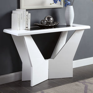 English Elm White glossy end table with geometric base and black tempered glass insert for modern statement decor White 53 L x 34 W x 6 H B2741P362598