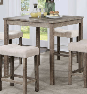 English Elm Transitional 5pc Counter Height Dining Set – Gray Farmhouse Table with 4 Beige Linen-Like Tufted Stools B011P230005