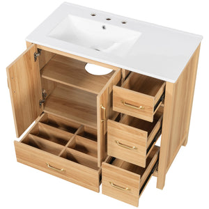 English Elm 36" Wood Bathroom Vanity Cabinet with Solid Frame, Ceramic Sink, Soft-Close Doors & Organized Drawers N729P321351N
