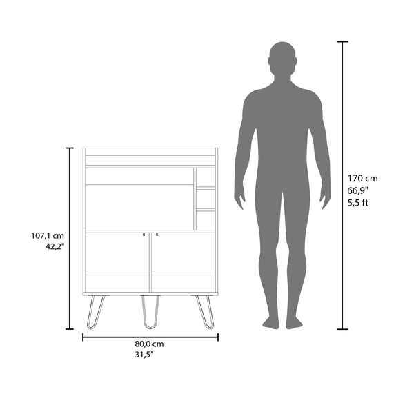 English Elm Tori 42" Tall One-Door Bar Cabinet with 3 Cubbies, 3 Shelves, Prep Surface & Rail, White Oak Chic B200P286936