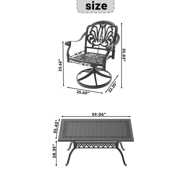 English Elm 5-Piece All-Weather Cast Aluminum Dining Set With 4 Swivel Chairs And Rectangular Table For Outdoors W1710S00455