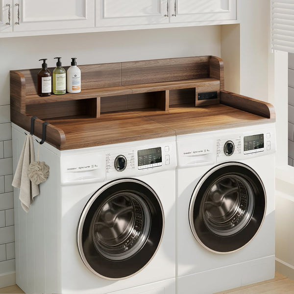 English Elm 2-tier Walnut Laundry Topper with Built-in Power Outlet Folding Surface and Storage W2641P446839