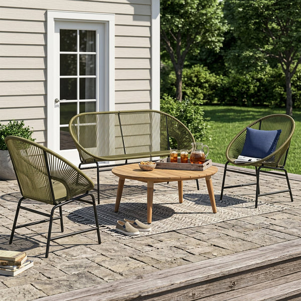 English Elm Nusa Outdoor Pe Rattan Conversation Set with Acacia Wood Coffee Table Patio Green,Natural NUSA4PCSET-GRN