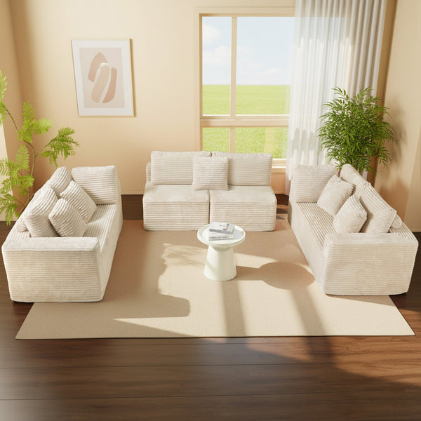 English Elm 135.5" Beige Corduroy U-shaped Sectional Six-seater with Reversible Chaise for Living Rooms W3276S00019