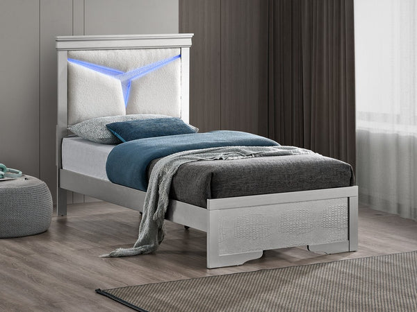 English Elm Lorana Plush Teddy Upholstered Twin Bed with Built-in Led Headboard for Kids Rooms Silver B078S00659