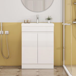 English Elm 24-Inch Bathroom Vanity With Integrated Sink & Mirror, Modern Handle-Free Design, Soft-Close Doors & Storage W3151S00057