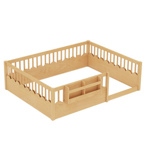 English Elm Queen Low Profile Kids Floor Bed with Guardrails Bookshelf and Pine Wood Frame Natural W1580P373143