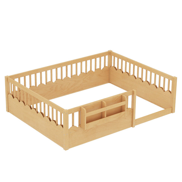 English Elm Queen Low Profile Kids Floor Bed with Guardrails Bookshelf and Pine Wood Frame Natural W1580P373143