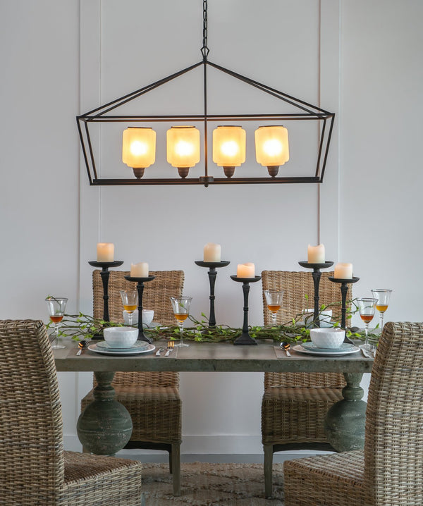 English Elm 41.7x14.2x23.8" Matte Black Iron Chandelier White Glass Panels Industrial Dining Foyer W2078P411229