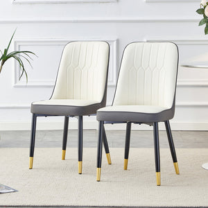 English Elm A modern dining chair with curved PU leather backrest, padded seat and sturdy black metal legs for comfort and style White+gray 25.98 L x 21.65 W x 18.5 H W1512P395374