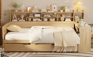 English Elm Wooden Full Size Daybed with Trundle and Built-In Desk, Side Storage Shelves for Space-Saving Rooms Natural 70 L x 18.6 W x 5.5 H N733S242277M