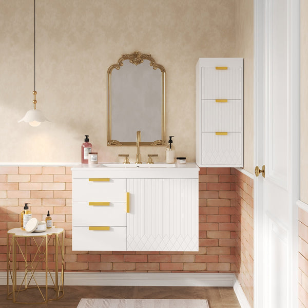 English Elm 30" Bathroom Vanity with Sink — Wall-Mounted Ceramic Basin, Soft-Close Storage, Floating Modern Design White N710S324096K