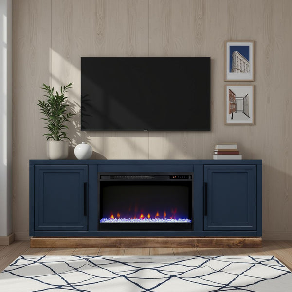 English Elm Nora 64-inch Fireplace TV Stand with 26" Electric Insert, Two-Tone Alder & Poplar Craftsmanship Blue B108P345194