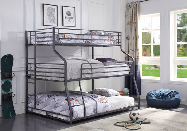 English Elm Caius Triple Metal Bunk Bed Gunmetal Finish - Twin/Full/Queen Stacked, 220lb Capacity Per Bed, Guardrails B2726S00479