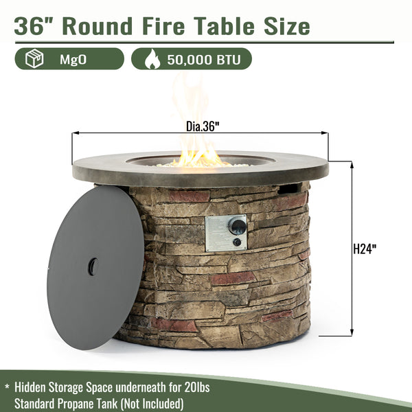 English Elm 36'' Propane Gas Fire Pit Table 50,000BTU Round MgO Top Hidden Tank Cover Pulse Ignition W853P293854