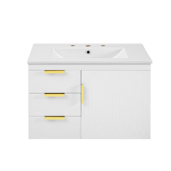 English Elm 30" Bathroom Vanity with Sink — Wall-Mounted Ceramic Basin, Soft-Close Storage, Floating Modern Design White N710S324096K