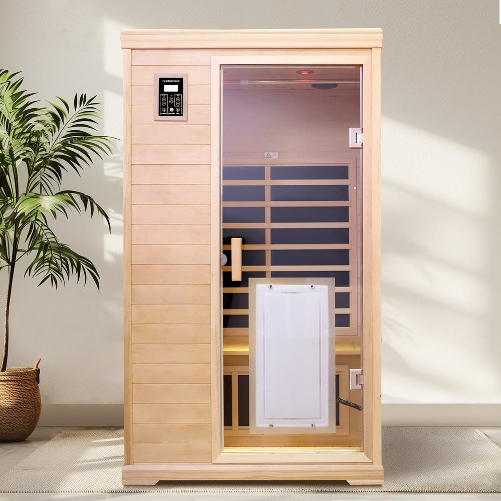 English Elm Hemlock Wood Two Person Far Infrared Indoor Sauna with Bluetooth and Led Lighting W632S00003