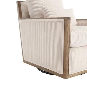English Elm Corduroy Swivel Barrel Chair with Removable Cushion 360° Metal Base Sturdy Hardwood Frame Cozy Lounge Seat Beige W395P209380