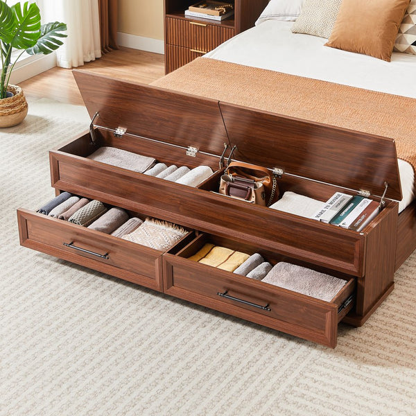 English Elm Queen Storage Bed with Geometric 3d Headboard Four Drawers and Walnut Finish W1820S00045