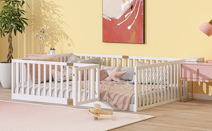 English Elm Twin Floor Bed Solid Rubber Wood with Tall Safety Railings for Toddler Sleep White W504P287658