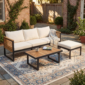 English Elm Outdoor Acacia Wood Iron Pipe 3 Piece Patio Sofa Set with Ottoman Table N757S354898B
