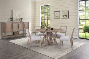 English Elm 54" Expandable Round Dining Set w/ 4 Chairs, Sand Mindi Veneer Finish, Cement Top Server, Cane Insets, Soft-Close Hinges, Web Seating - 6PC Stylish Entertaining B2699S00064
