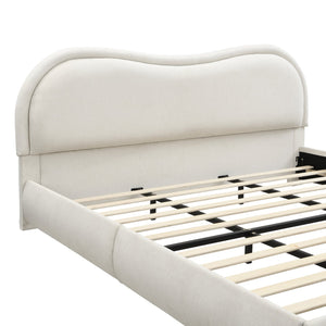 English Elm Queen Chenille Upholstered Bed Curved Headboard Oak Legs Wooden Slat Platform Frame W1716P387791