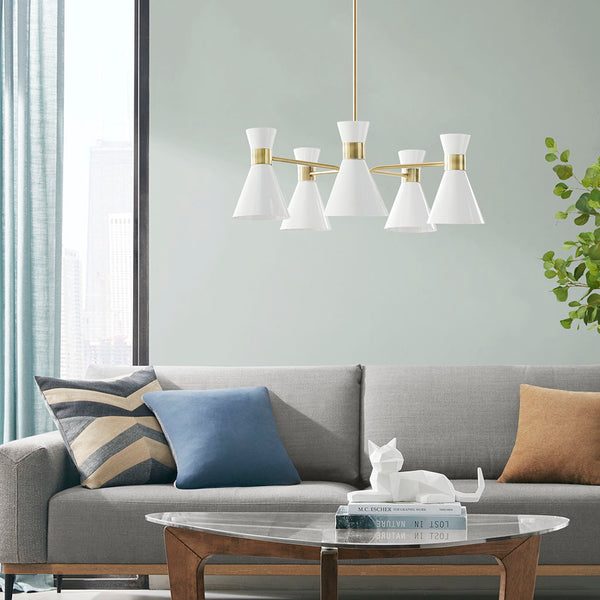 JLA Home INK+IVY - 5-Light Antique Brass Chandelier with White Cone Shades — Mid-Century Modern Sculptural Lighting II150-0118