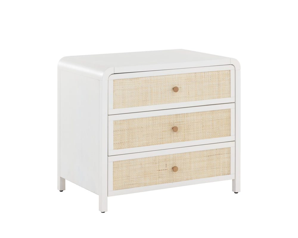 Sunpan Tierra Coastal Nightstand with Rattan Drawers, Antique White Finish & Soft Close Mechanisms