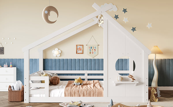 English Elm Twin House Bed Low Profile Pine Wood Frame with Shelf Montessori Kids Floor Sleeping Light White W5305P429644