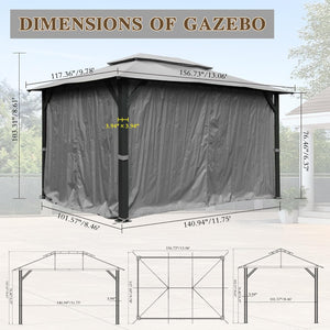 English Elm 10'x13' Outdoor Gazebo Steel Frame Double Roof Patio Shelter with Netting and Curtains Gray W1859P426721