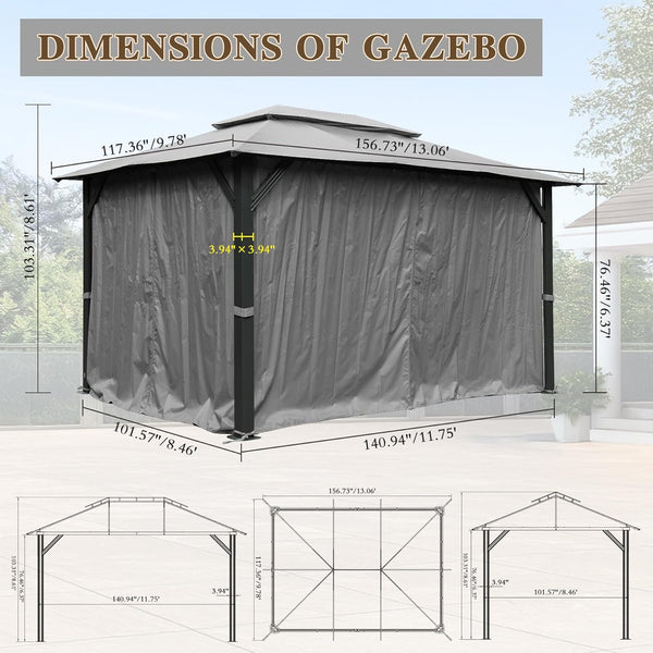English Elm 10'x13' Outdoor Gazebo Steel Frame Double Roof Patio Shelter with Netting and Curtains Gray W1859P426721