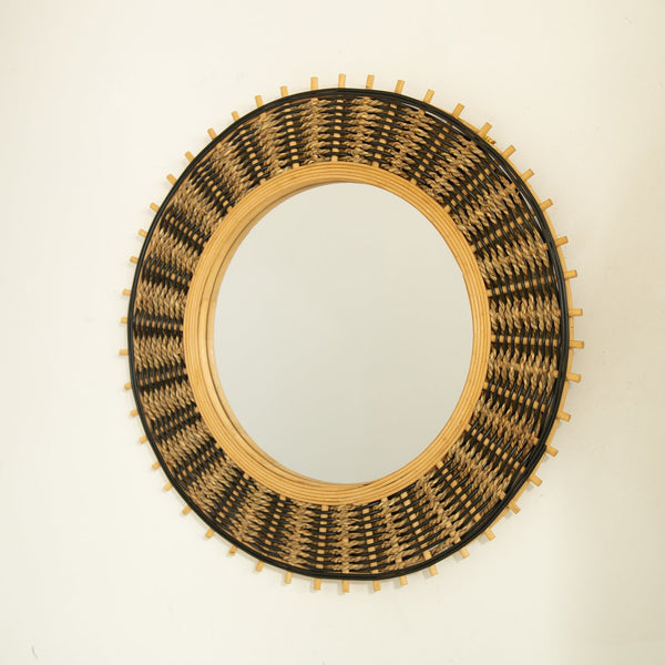 English Elm 23'' Echo Mirror Bamboo Round Wall Mirror with Handwoven Yellow & Black Hemp Rope Accent, Eco Chic Decor W2615P346485