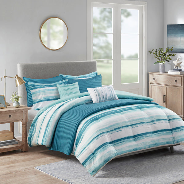 English Elm 8 Piece Printed Seersucker Comforter & Quilt Set - Aqua King/Cal King, Coastal Style & Versatile Comfort B03597257