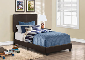 English Elm Bed, Twin Size Upholstered Faux Leather Platform with Low Profile Headboard and Sturdy Legs Brown 45 L x 28 W x 4 H B2710P219510