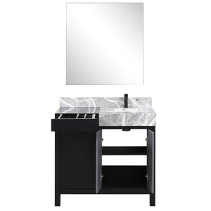 English Elm Black Contemporary Bath Vanity Set With Castle Grey Marble Top, Gun Metal Faucet & 30” Mirror B2731S01348