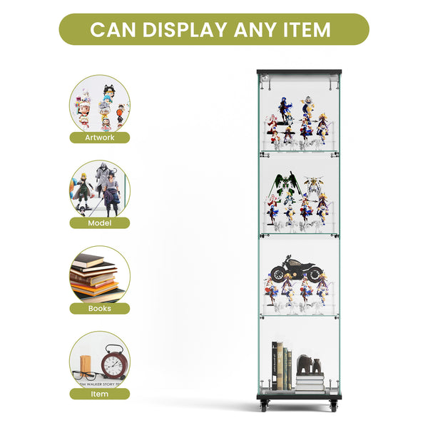 English Elm 4 Tier Glass Display Cabinet - Lockable Floor Standing Storage With Acrylic Shelves & Wheels For Versatility W1668P241902