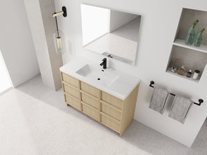 English Elm 48" Floating Bathroom Vanity Dual Ceramic Vessel Sinks Oak Finish Soft Close Doors W999S00511