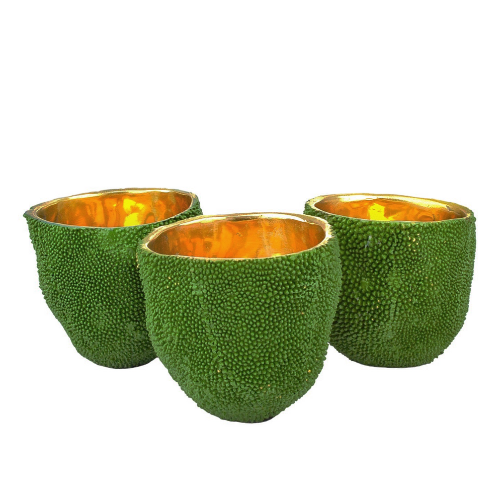 Jackfruit Decorative Vase Set of 3 – Unique Green Bronze Vessels with Gold Interior for Home Decor