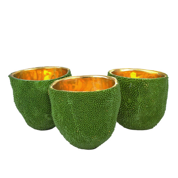 Jackfruit Decorative Vase Set of 3 – Unique Green Bronze Vessels with Gold Interior for Home Decor