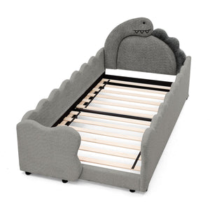 English Elm Twin Dinosaur Boucle Upholstered Kids Bed Solid Wood Frame with Padded Safety Rails Grey W1413P384918