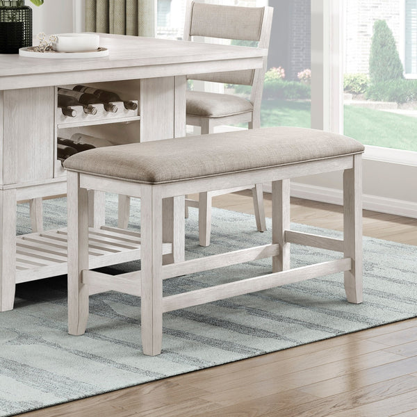 English Elm 6pc Farmhouse Counter Dining Set Acacia Veneer Table Wine Rack Upholstered Bench Chairs B011S02066