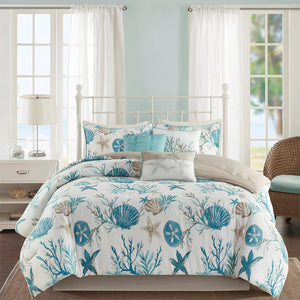 English Elm 7 Piece Cotton Sateen Comforter Set - Coastal Aqua Queen Ensemble With Decorative Pillows & Skirt B03597266