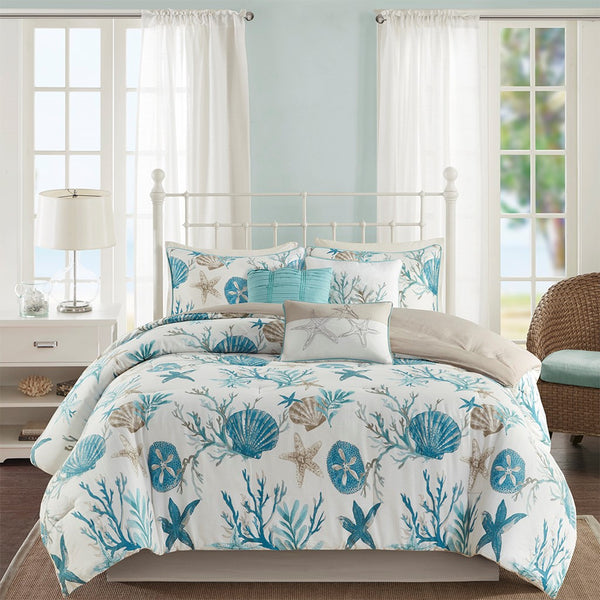 English Elm 7 Piece Cotton Sateen Comforter Set - Coastal Aqua Queen Ensemble With Decorative Pillows & Skirt B03597266