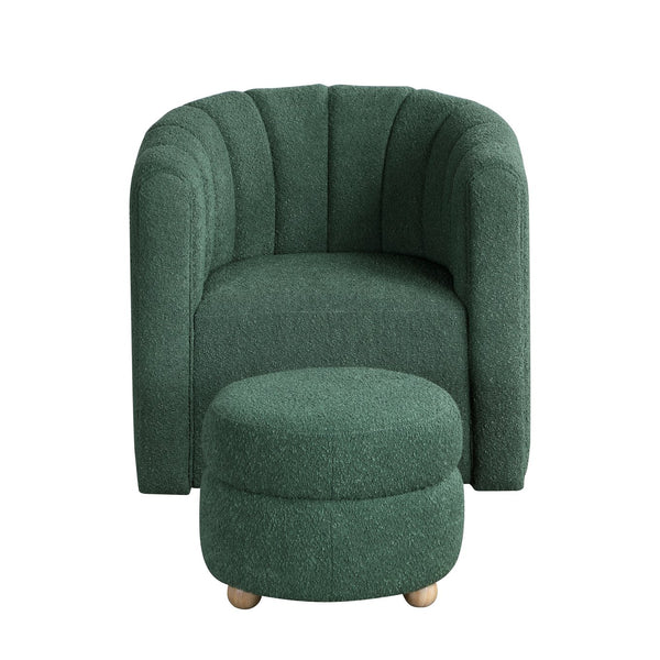 English Elm Modern Swivel Chair with Ottoman in Bouclé Fabric, Solid Wood Frame, Cozy Curved Design for Living Rooms Green 32 L x 31 W x 31.25 H B011P281846