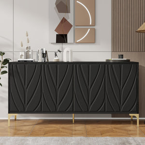 English Elm 60" Modern Handleless Sideboard Buffet Cabinet with Push-to-Open Doors, Carved Black Credenza, Adjustable Shelves, 220lb Top Load, Solid Wood MDF Storage for Living Room Entryway W2696P279985